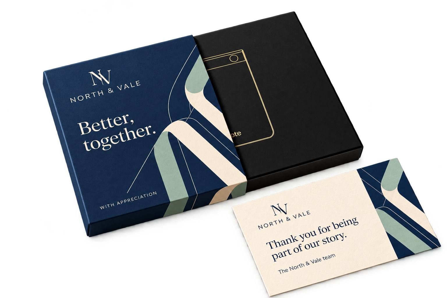 TicNote black retail box with a navy NORTH & VALE company-logo sleeve and matching greeting card; fictional client example