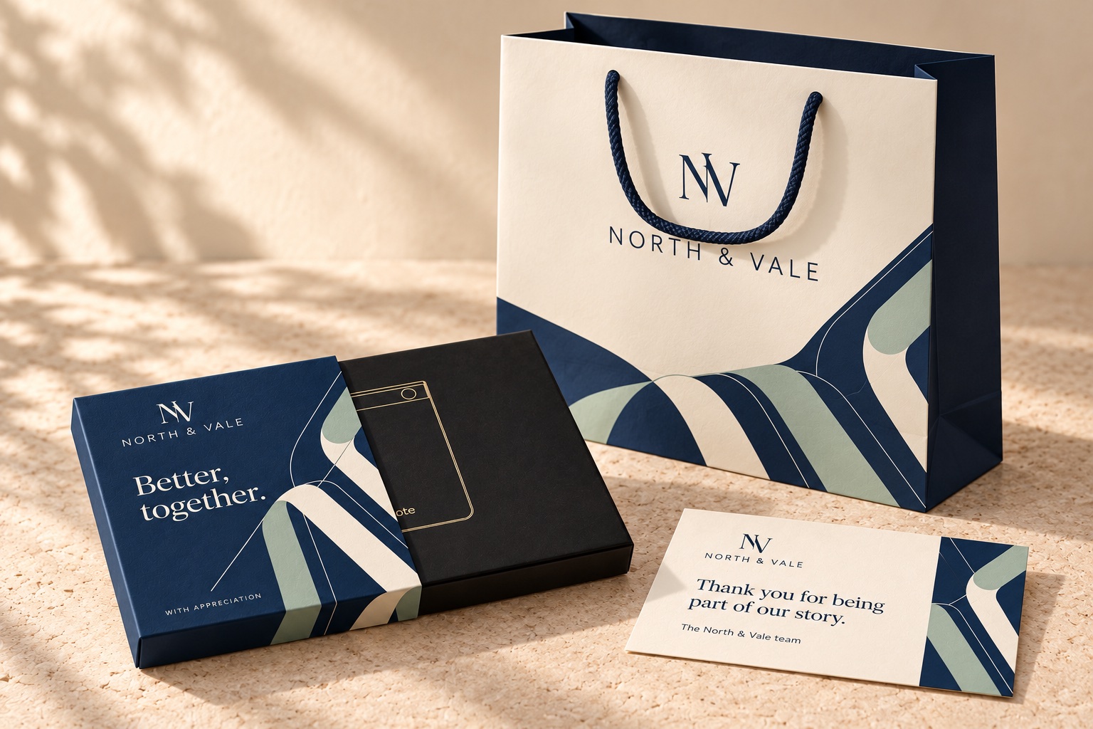 Bespoke concept adding a branded ivory and navy paper gift bag to the boxed TicNote and greeting card