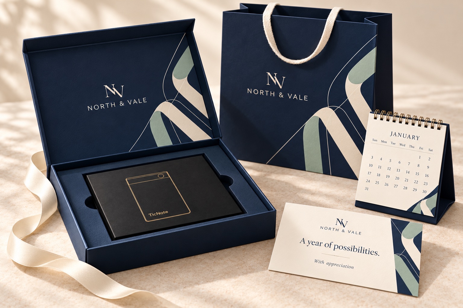 Bespoke concept with a navy presentation box and fitted insert holding the original TicNote box, plus gift bag, ribbon, card and desk calendar
