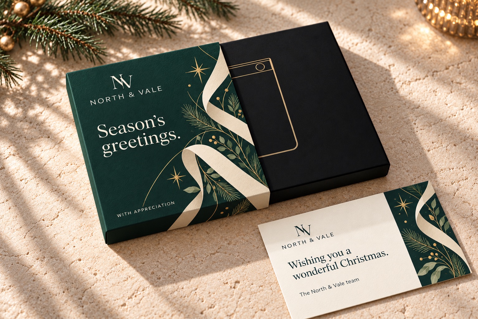Christmas concept with an evergreen NORTH & VALE sleeve, delicate botanical and star artwork, and matching card