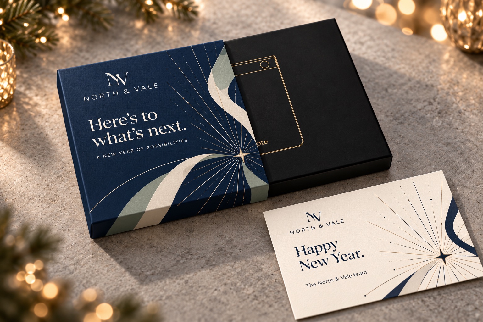 New Year concept with a navy starburst sleeve and Happy New Year greeting card