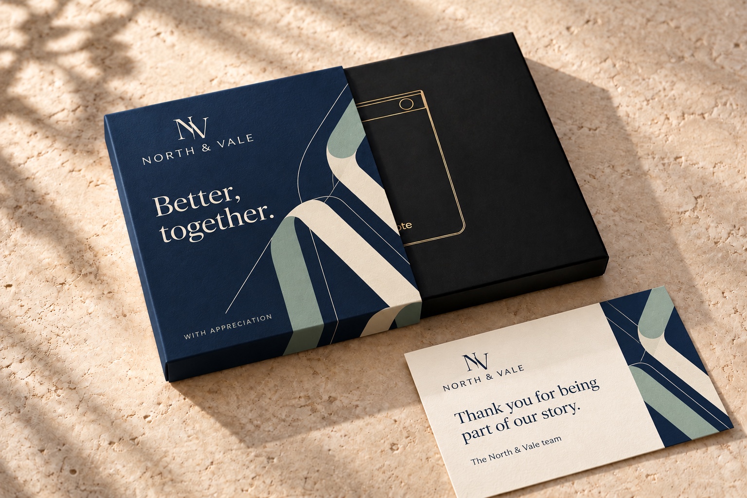 Original black TicNote box in a navy NORTH & VALE sleeve, with a matching greeting card