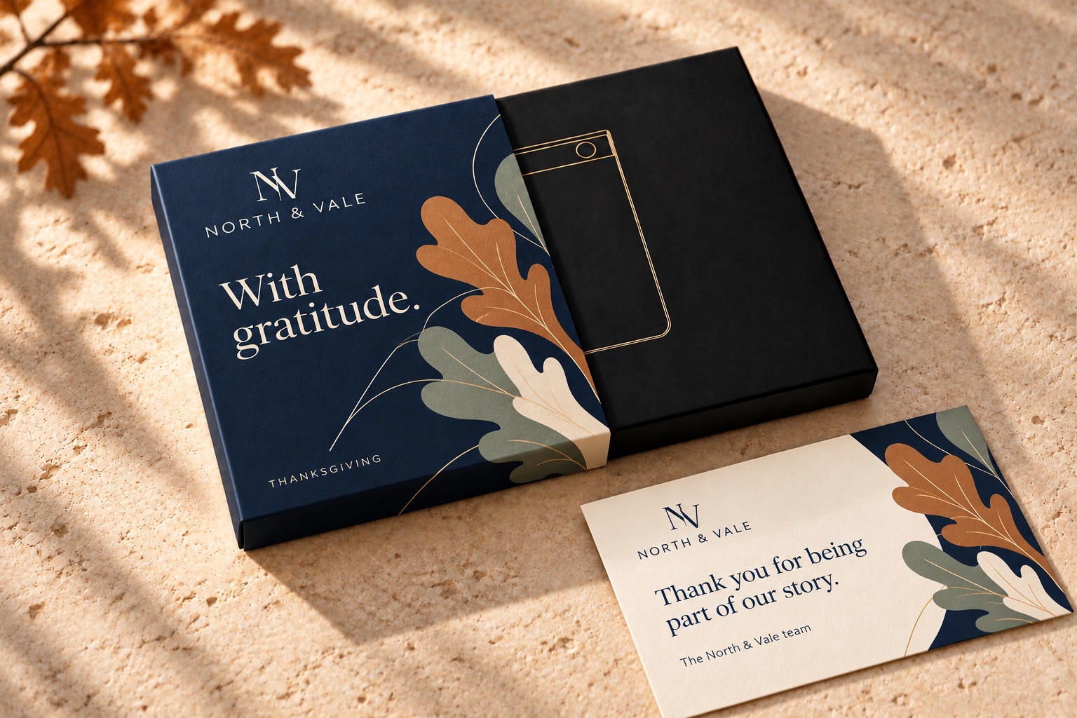 Thanksgiving concept with navy and copper oak-leaf artwork on the TicNote sleeve and greeting card