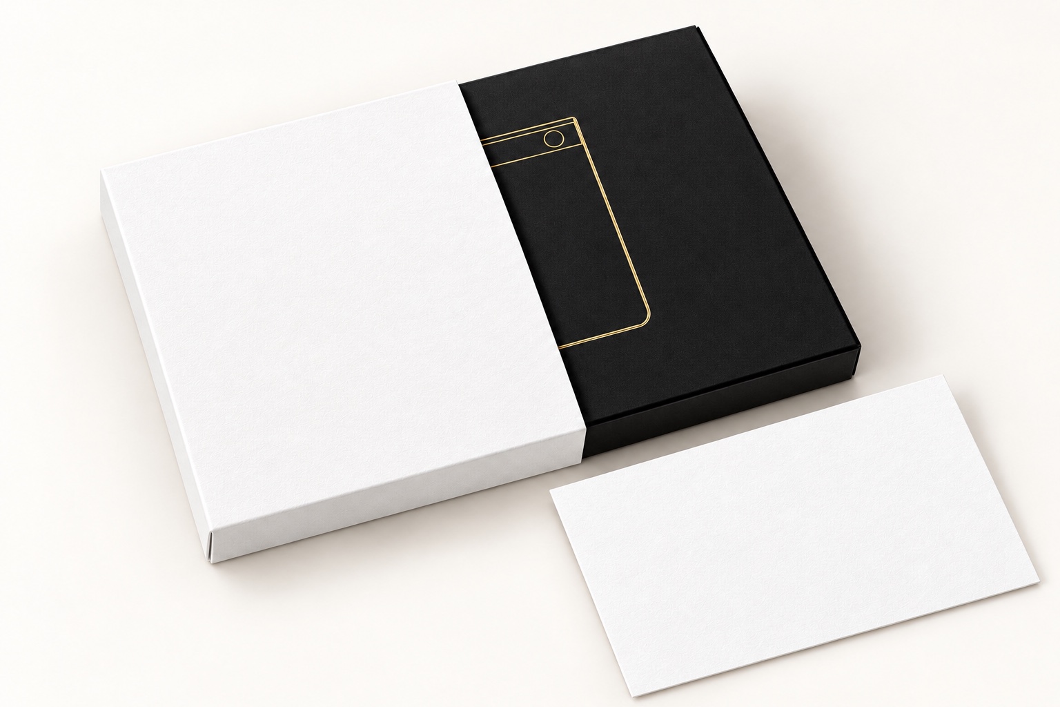 A TicNote box with a blank paper sleeve and a separate blank greeting card, ready to preview your artwork