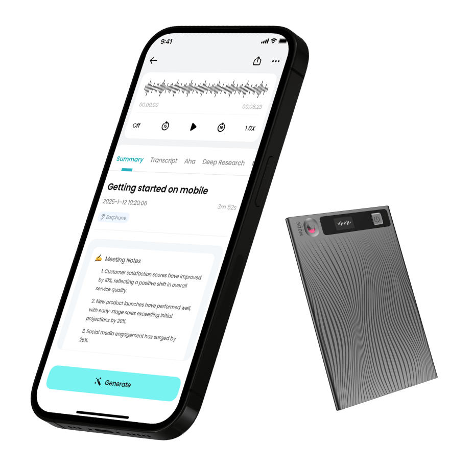 The actual TicNote AI recorder beside the TicNote app, showing a conversation transcript and summary